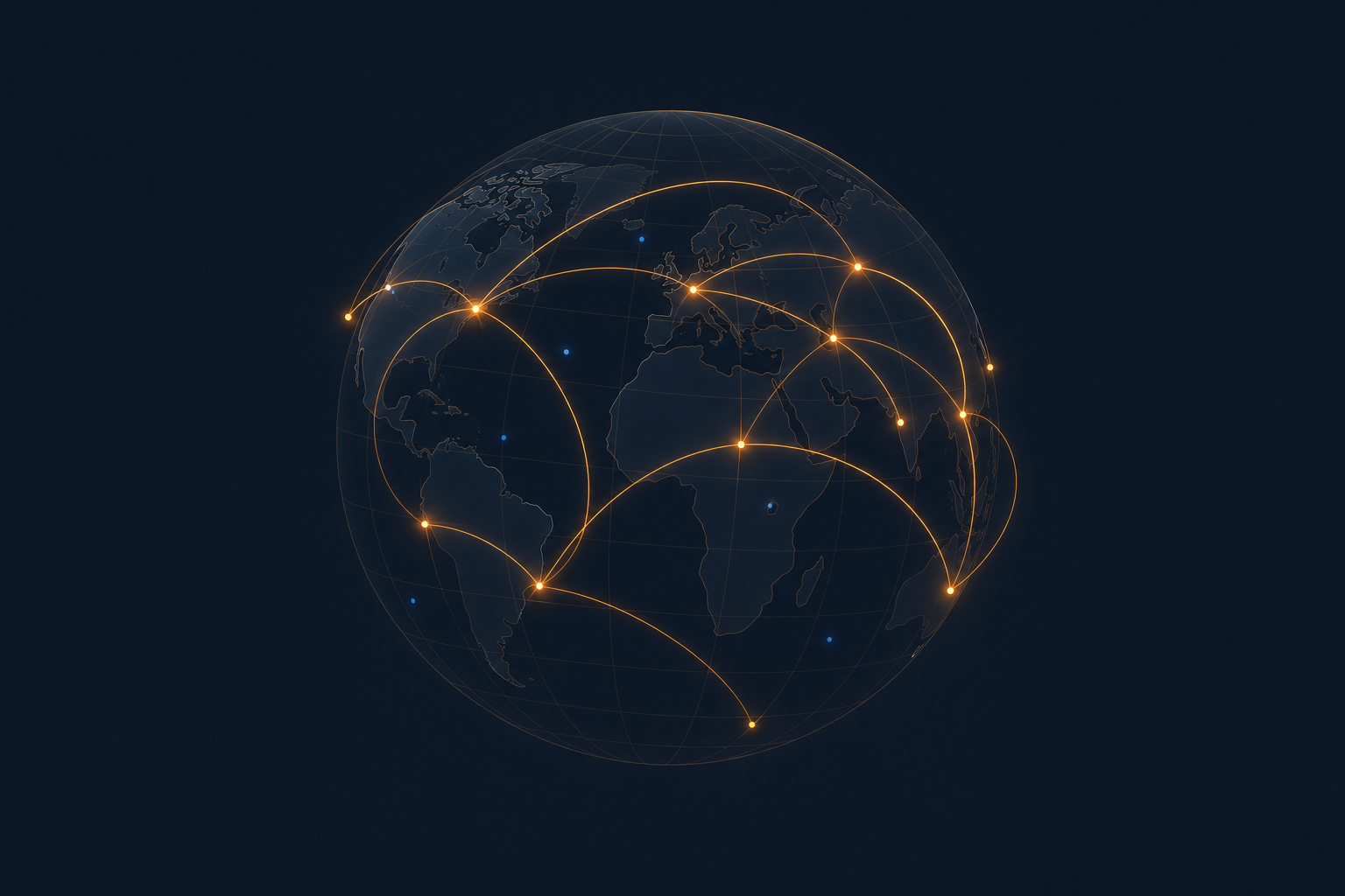 Illustration of a global network formed by amber light points and connecting lines