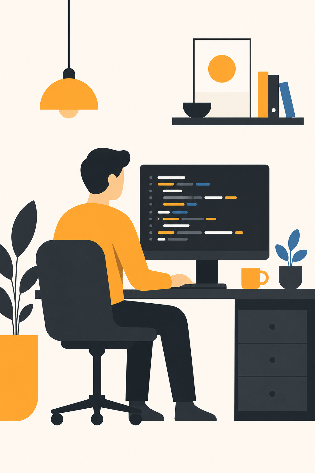 Flat-style illustration of a developer coding at a monitor
