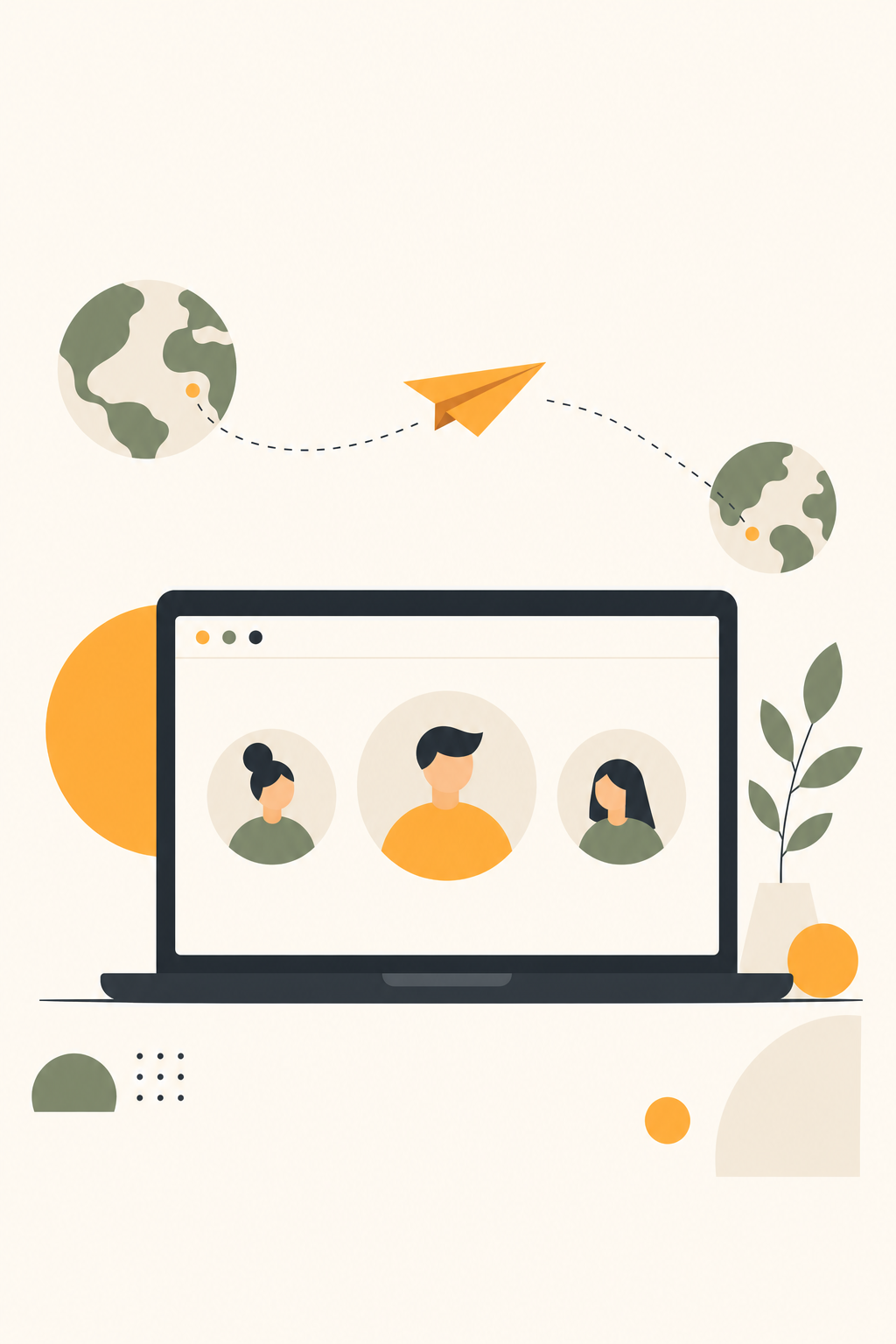 Flat-style illustration of an international video call on a laptop