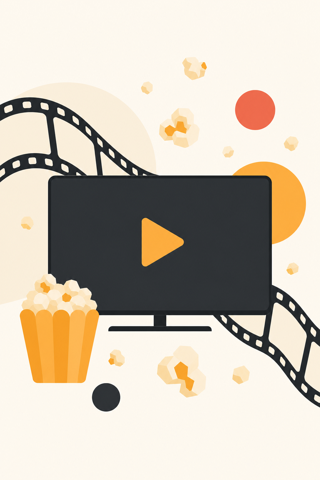 Illustration of a play button, film strip, and popcorn