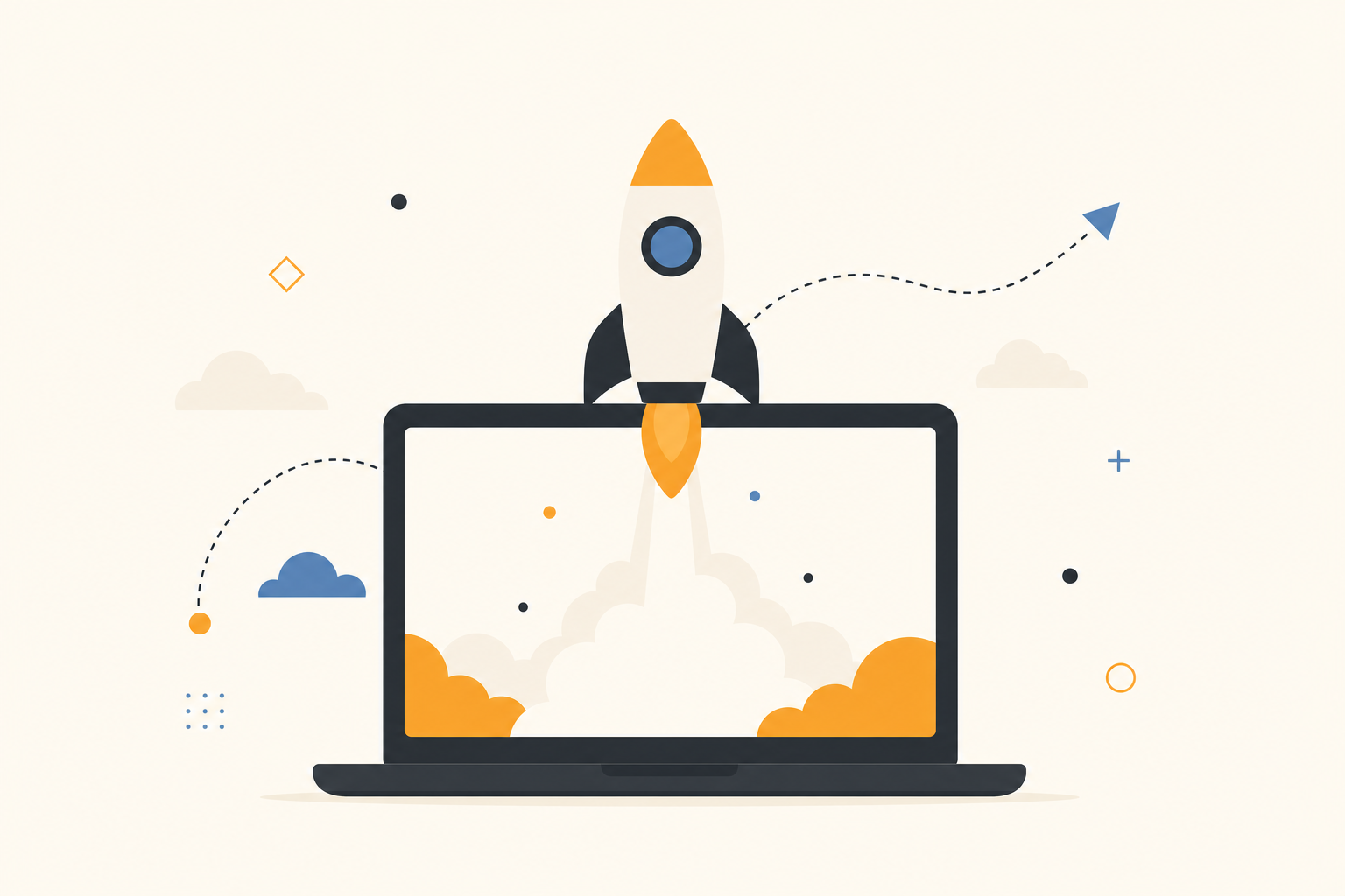 Beginner-friendly illustration of a rocket launching from a laptop screen