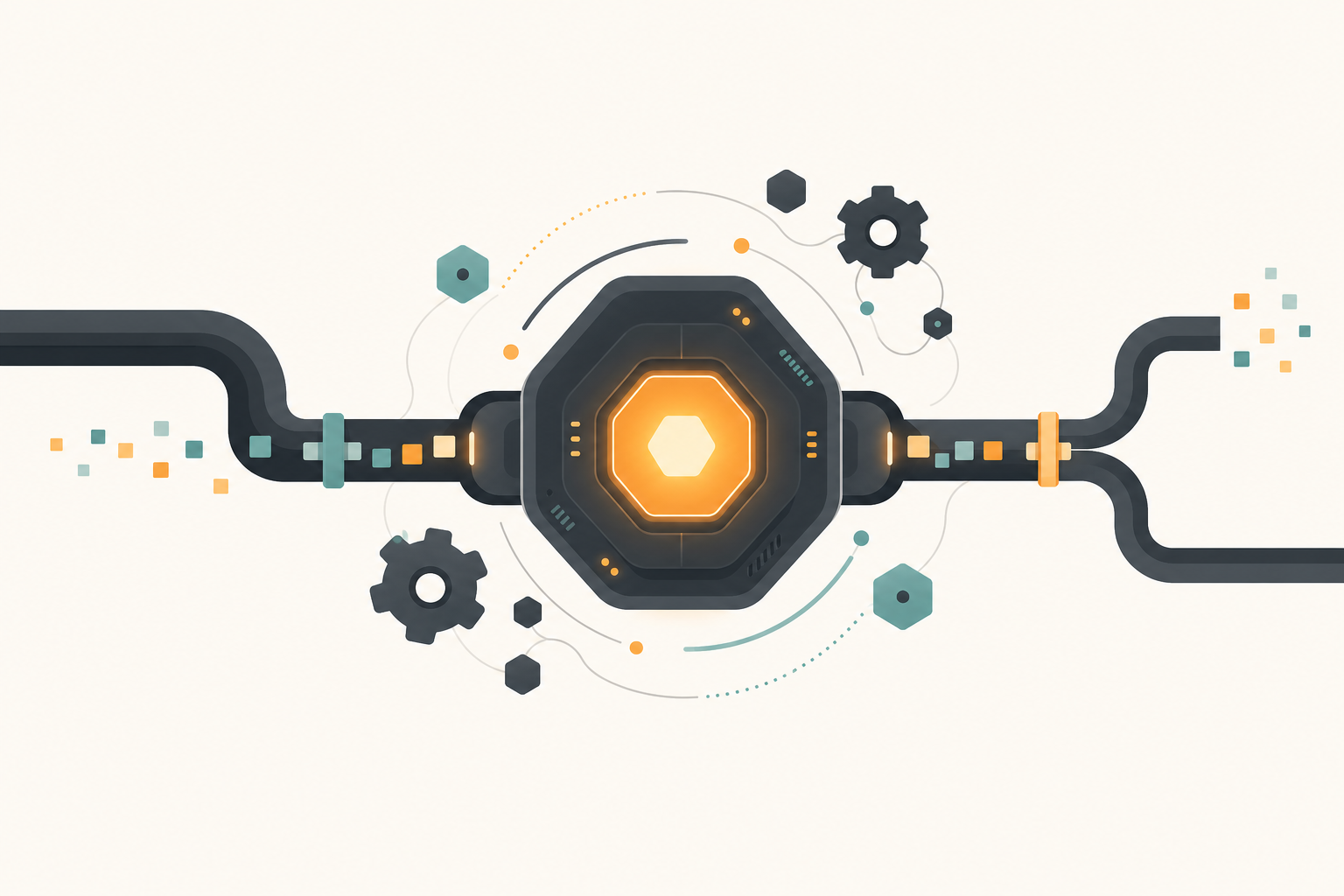 Illustration of a glowing hexagonal core connected to data pipelines